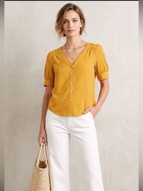 Maeve Yellow Polka Dot Button-Front Blouse